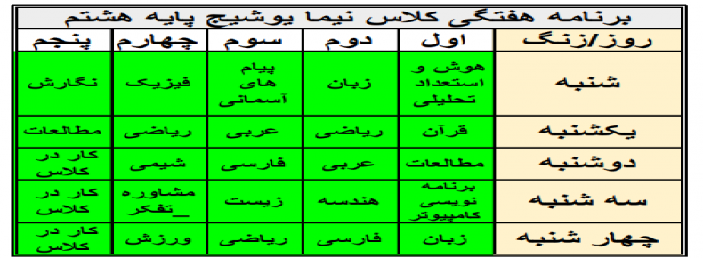 برنامه هفتگی هشتم