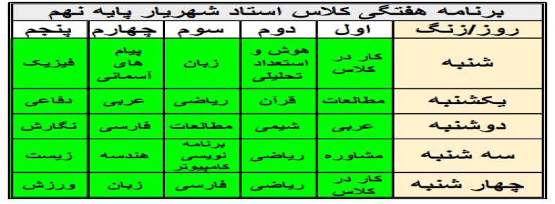 برنامه هفتگی نهم